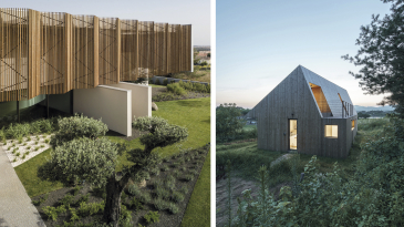 Vasemmalla Beloura, persoonallinen yksityiskoti Belourassa Portugalissa. Yläkerran suuret ikkunat on peitetty Lunawoodin aurinkorimoilla. Oikealla Shear House, moderni perheen talo Koreassa. Lunawoodin Thermowood ulkoverhoilu säätelee lämpöä ja kosteutta ympäri vuoden.