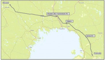 Kuva 1. Skemaattinen kuva kolmannesta 400 kV voimajohtoyhteydestä Pyhänselkä-Viitajärvi-Messaure. Siirtoyhteyden kokonaispituus on noin 380 km.