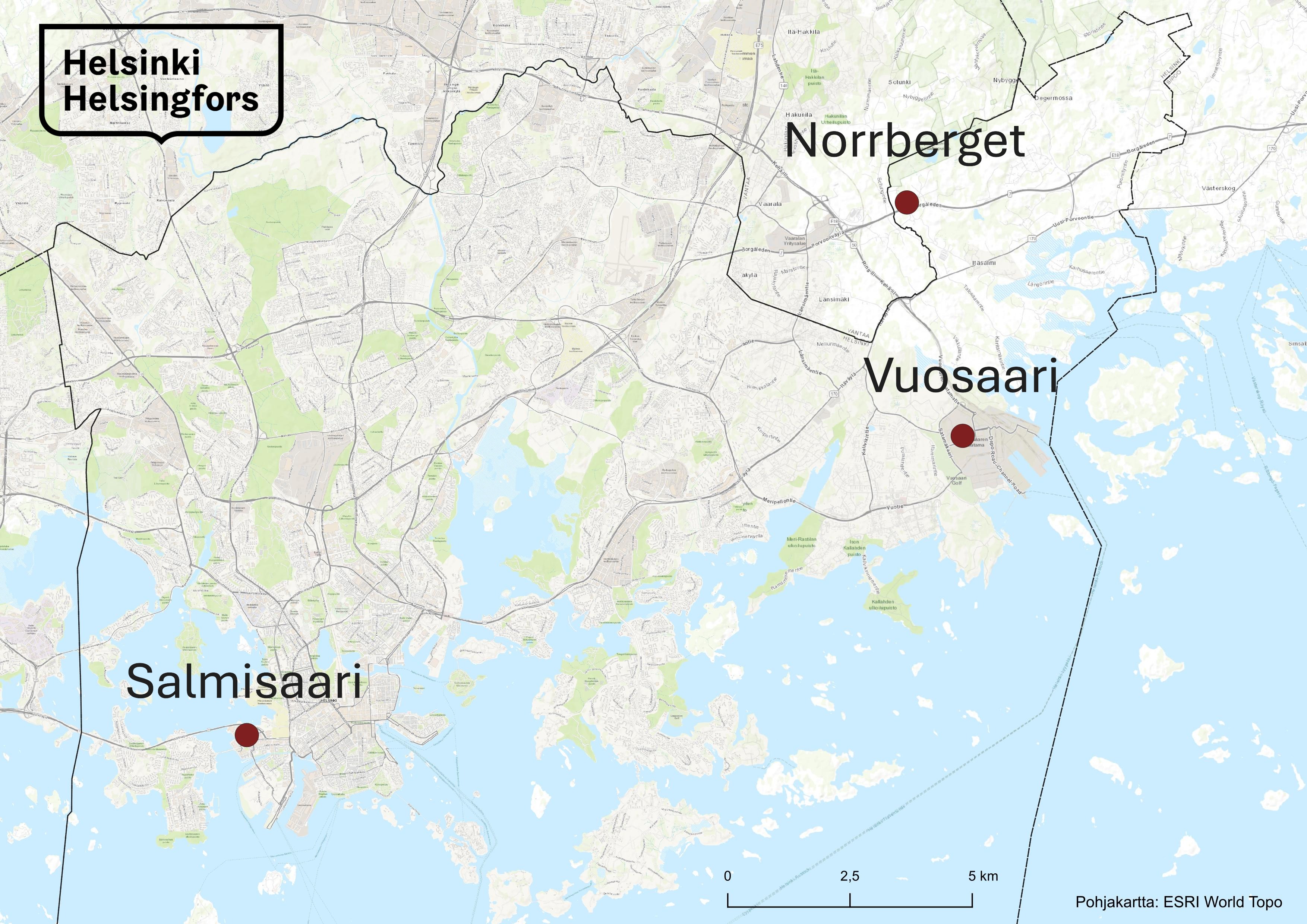 Pienydinvoimalan sijainnin vaihtoehtoja. Kuva: Helsingin kaupunki